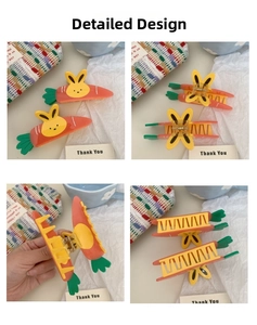 Detail shots of carrot and rabbit shaped hair claws for girls with strong grip design