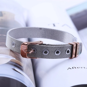 Detail of 10mm mesh steel bracelet with rose gold buckle and adjustable eyelets