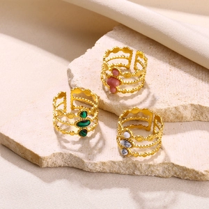 Three-piece layered gold stainless steel rings set with pink green and white marble stones