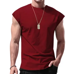 Men's casual solid color sleeveless t-shirt in deep red, relaxed fit crew neck style