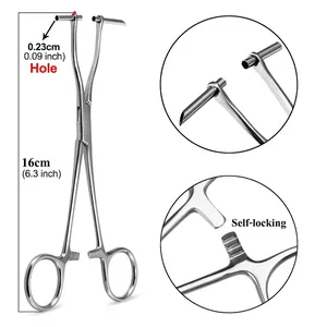 Dettaglio della pinza per piercing autobloccante in acciaio inox da 16cm con foro 0,23cm