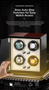 Detail view of walnut wood watch winder with automatic stop function and leather lining