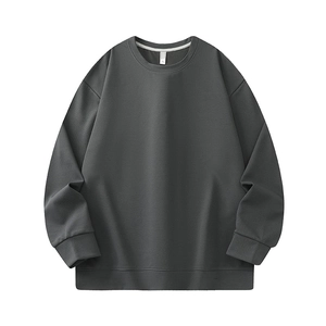 Minimalist dark grey crew neck sweatshirt with ribbed cuffs and drop shoulder style