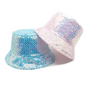 Sparkly sequins bucket hat in blue and pink colors for sun protection and party wear