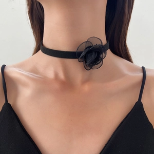 Elegant black velvet choker featuring a 3D layered mesh rose flower pendant for women