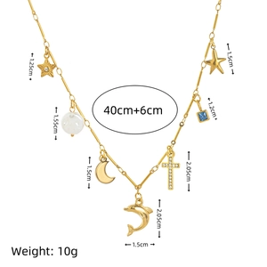 18K gold plated stainless steel necklace with star moon and dolphin charms with dimensions