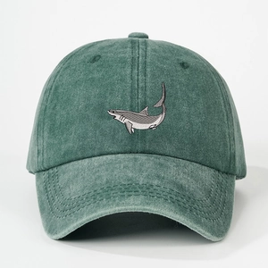 Vintage dark green washed cotton baseball cap with shark embroidery and adjustable strap