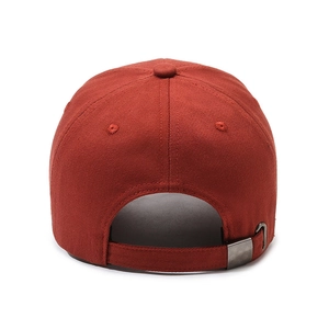 Rear view of brick red cotton baseball cap with adjustable silver metal buckle
