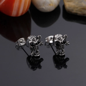 Gothic skull stud earrings for men in vintage silver with black crystal stone accents