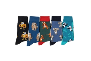 Detailed view of cotton socks with eagle, sloth, kangaroo, koala, and panda patterns