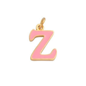 Detail of pink enamel letter Z pendant with gold metal edges and hanging loop