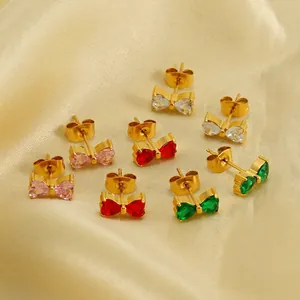 Bow stud earrings with heart-shaped colorful zircons in 18K gold-plated setting