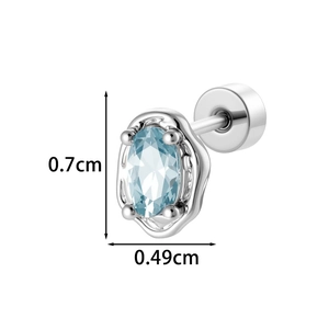 Minimalist silver egg-shaped zircon stud earring with light blue stone and screw back