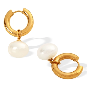 Elegant gold hoop earrings with natural freshwater baroque pearl pendants for women