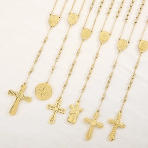 Polished gold 6mm bead necklaces with Saint Benedict medals and religious cross pendants