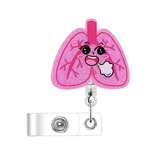 Close-up of pink glittery cartoon lung pattern on a retractable medical badge reel