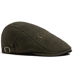 Olive green cotton flat cap with 3D rabbit embroidery and adjustable metal buckle