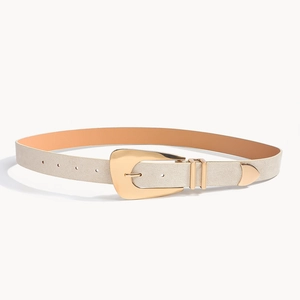 Detail of light beige braided belt featuring a polished gold vintage buckle and metal tip