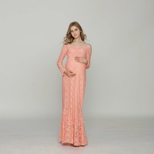 Elegant peach lace off-shoulder maternity gown for pregnancy photography sessions
