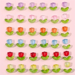 Tulip Flower Beads Gradient Glass Petal Charms With Green Leaf DIY Handmade Jewelry Making For Bracelet Earring Hairpin