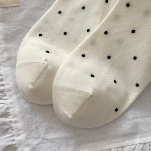 Close-up of breathable cotton socks with black polka dot patterns and fine knit texture