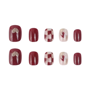 Burgundy and cream press-on nails set with glitter hearts and checkered patterns