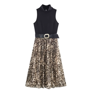 Abito Lungo Patchwork Senza Maniche Con Gonna In Chiffon Plissettata Stampa Leopardata E Cintura Elegante Collo Lupetto Per Donna