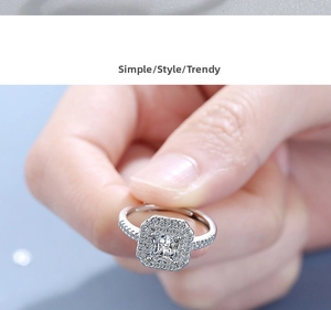 Detailed close-up of a princess cut square zirconia ring with paved side stones