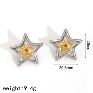 Silver star earrings with gold inner stars and size measurements 28mm by 29.6mm