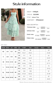 Size guide table for floral chiffon camisole dress showing length, bust, and waist measurements