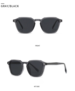 Front and 45-degree side views of round polarized sunglasses in gray and black frames