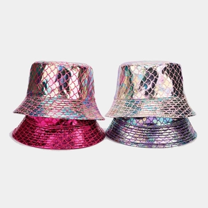 Detailed view of colorful fish scale texture on metallic reversible bucket hats