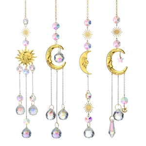 Crystal Suncatcher Hanging Ornament With Metal Sun And Moon Rainbow Maker Prism For Window Garden Decor Boho Style