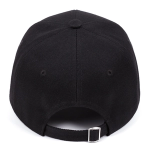 Back view of black cotton baseball cap showing adjustable metal buckle strap details