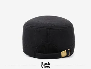 Detailed back view of black wool flat top cap featuring adjustable brass metal buckle