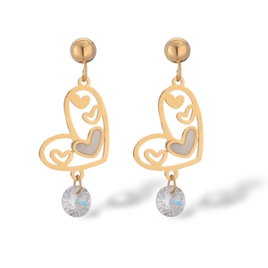 Gold-plated hollow heart earrings with hanging clear crystal pendant on white background