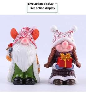 Detail of resin Christmas gnome figurines featuring knit textures and reindeer horn hat