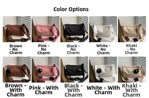 Detailed grid showing corduroy tote bags in five colors with plush ball pendant options