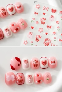 Autocollants 5D pour ongles avec nœuds roses et motifs floraux en relief 3D cœur