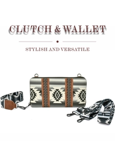Detail view of ethnic pattern canvas clutch bag with two detachable shoulder straps