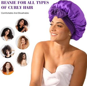 Detailed macro view showing purple satin bonnet for curly hair with breathable comfort