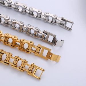 Punk style stainless steel motorcycle chain bracelet for men in gold and silver finish