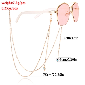 Goldene Perlen Brillenkette mit herzförmigen Teufelsauge Anhängern und Quasten Detail