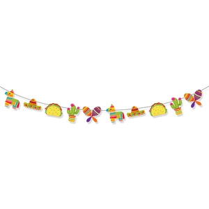 Mexican Fiesta banner with cactus, taco, and piñata elements for party decorations