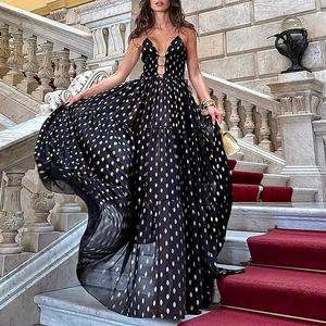 Women Deep V Neck One Piece Swimsuit And Matching Long Skirt Black Gold Polka Dot Print Chiffon Tiered Cover Up Beachwear