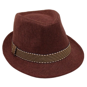 Detail of dark brown fedora hat featuring tight woven texture and striped decorative band