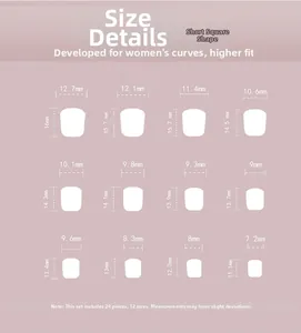 Detailed size chart for 24pcs short square matte press-on nails set