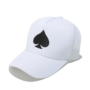 Detailed view of black spade embroidery on breathable white mesh trucker cap