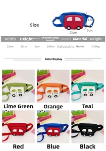 Size chart and color display for cartoon car kids waist bag with nylon material specs