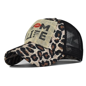 Women's leopard print trucker hat with M LIFE patch and breathable black mesh back
